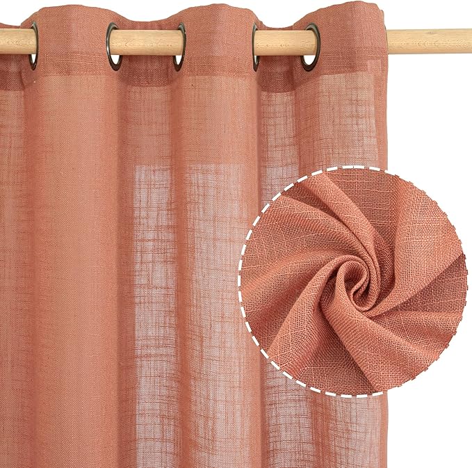 LAMIT Short Linen Curtains 40 Inch Length for Kitchen, Semi Sheer Light Filtering Window Curtains Farmhouse Boho Bronze Grommet Panels for Cafe/RV Camper, Terracotta, 2 Panels, 34 x 40 Inch