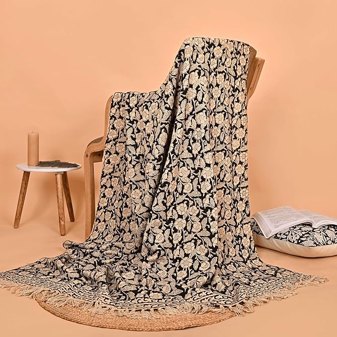 Handmade Cotton Throw Blanket 48x70 Inches | Black & Beige Floral Block Print Decorative Sofa Throw with Tassels | Large Lightweight Cotton Bedspread for Living Room, Couch, or Bedroom