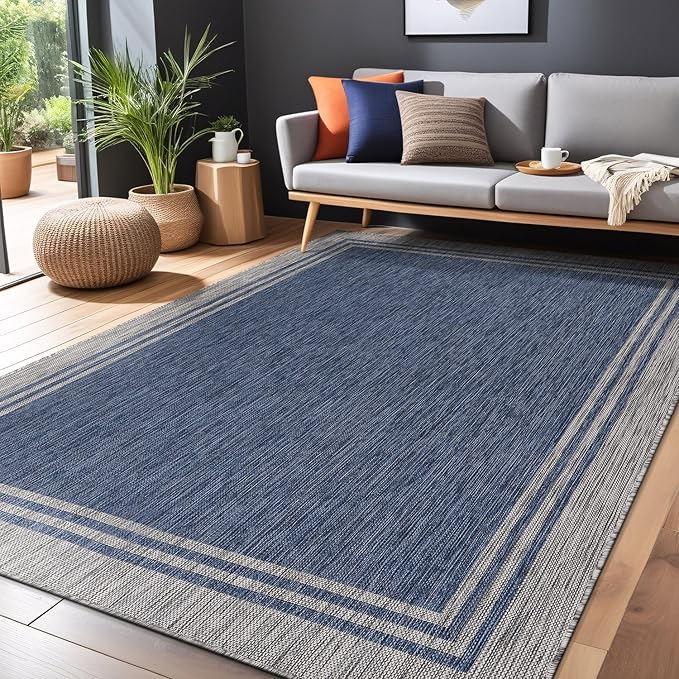 Bordered Outdoor Rug 5x7 Washable Outside Carpet for Indoor Patio Porch Waterproof Easy Cleaning Non Shedding Area Rugs Navy 5 x 7