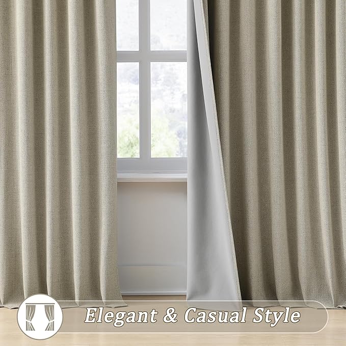 RAIN CITY Taupe Blackout Linen Blend Curtains 2 Panels,70 Wide Back Tab Pinch Pleated Look Window Drapes with Hooks,Track System Curtain Panels for Sliding Door Modern Farmhouse 70x96 Inch 70x8ft