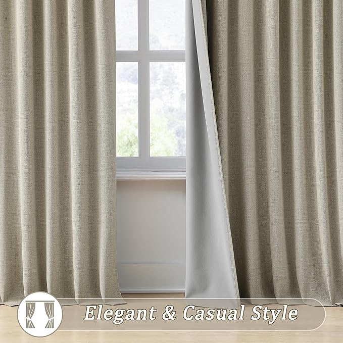 Blackout Linen Blend Curtains 84 inch Long 2 Panels,Back Tab with Hooks,Light Blocking Thermal Insulated Draperies Modern Farmhouse Textured Curtains for Living Room Dining Room - Light Taupe
