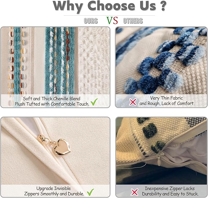 Boho Chenille Tufted Couch Throw Pillow Covers 18x18 Inch Set of 2 Farmhouse Striped Decorative Pillow Covers Accent Neutral Pillowcase Teal Cushion Cover for Living Room Sofa Bed