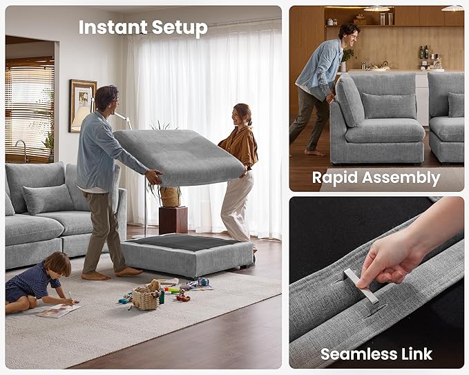 Oversized Modular Sofa, Extra Deep Cloud Chenille Sectional Couch with Ottoman Chaise, Fluffy Chenille 6 Seater Couch Bed for Living Room, Villa (Sofa Bed 6 Seater, Chenille Grey)