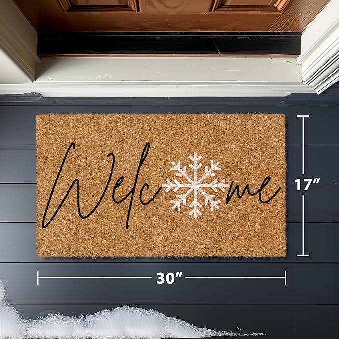 Barnyard Designs Natural Coco Coir Christmas Doormat - Large Cute Non-Slip Heavy Duty Backing Door Mat for Outside Entrance or Porch Entry, Brown (17x30, Winter Snowflake)