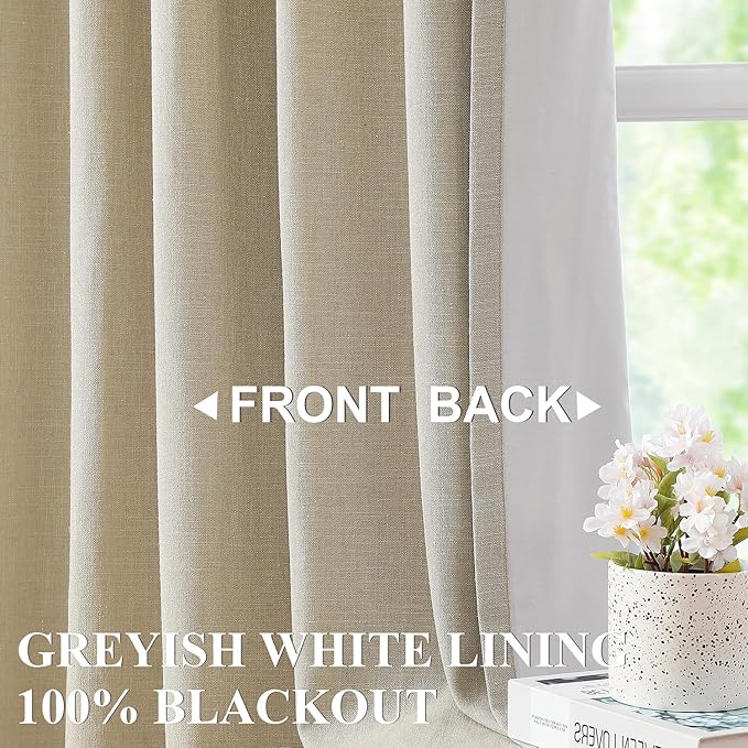 Vision Home Sand Pinch Pleated Full Blackout Curtains Linen Blended Room Darkening Window Curtains 63 inch for Living Room Bedroom Thermal Insulated Pinch Pleat Drapes with Hooks 2 Panel 40" Wx63 L