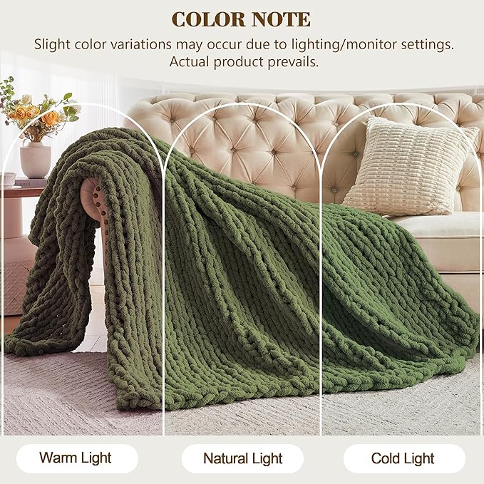 Carriediosa Chunky Knit Throw Blanket 60" X 80" Twin, 100% Hand Made Large Chenille Loop Yarn Soft Fluffy Throws for Couch Sofa Bed, Big Crochet Cozy Heavy Thick Cable Woven Blankets, Olive Green