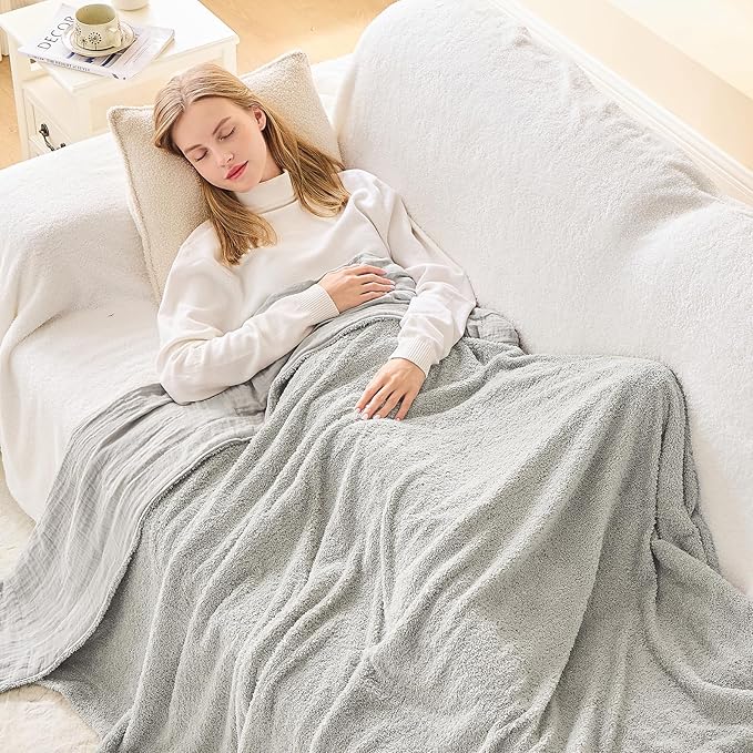 EMME Muslin and Fleece Queen Blanket Reversible - 80"*90" Grey Soft Warm Throw Blankets for Couch Bed Picnic Travel Bed