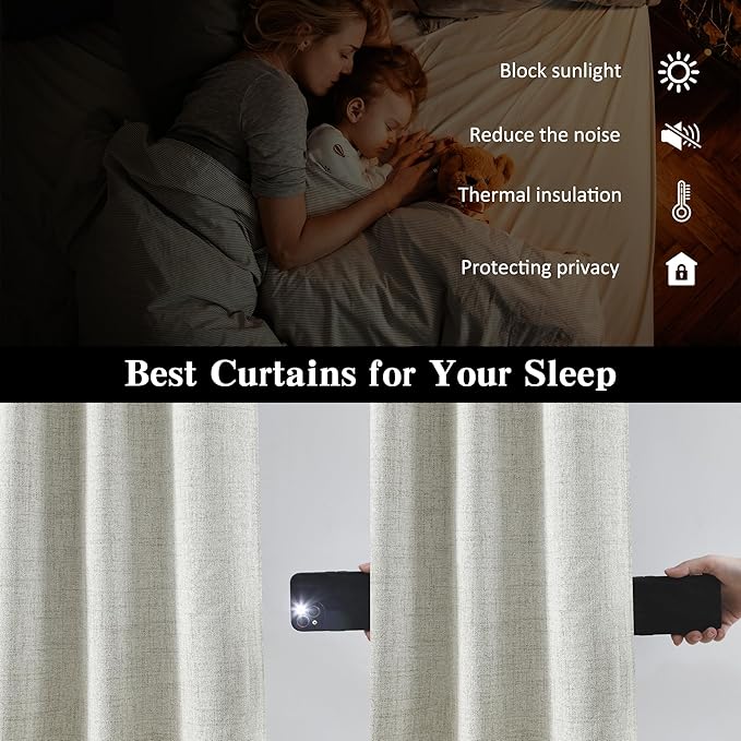 94 Inch Long Blackout Curtains 2 Panels,Pleated Back Tab Rod Pocket with Hooks,Solid Rustic Heat Reflective Linen Textured Dark Out Darkening Curtains for Living Room 50W x 94L Natural Cream
