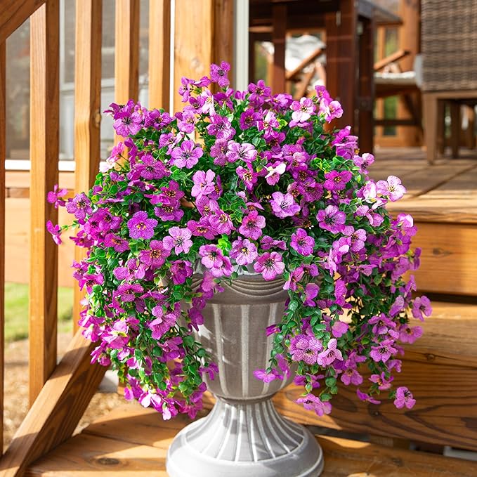 Artificial Faux Hanging Flowers Plants for Outdoor Decor, 2 PCS Outside Fake Silk Violets with Eucalyptus UV Resistant Realistic Daisy Trailing Vines for Planter Front Door Balcony Patio Yard, Purple