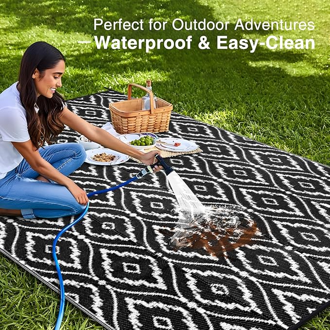OLANLY Outdoor Rug 9x12 ft Waterproof, Outdoor Plastic Straw Rug with Geometric Pattern Clearance, Reversible RV Mat for Patio, Camping, Balcony, Deck, Backyard, Black & White