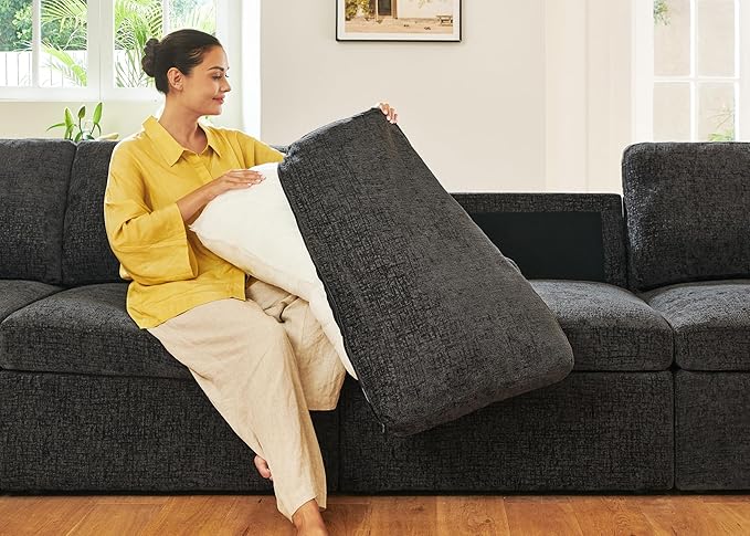 HONBAY Modular Sectional Couch with Storage Seats, L Shaped Sectional Sofa with Storage, Chenille Sectional Couches for Living Room, Grey