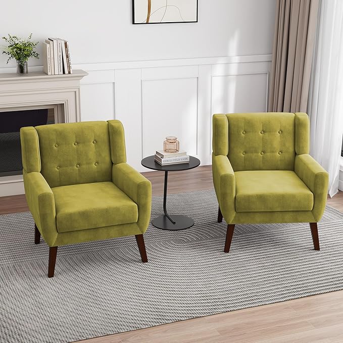 UIXE Accent Chair, Velvet Upholstered Armchair for Living Room, Modern Club Arm Chairs Comfy Single Sofa Button Tufted Bedroom Reading Seat - Green, Set of 4