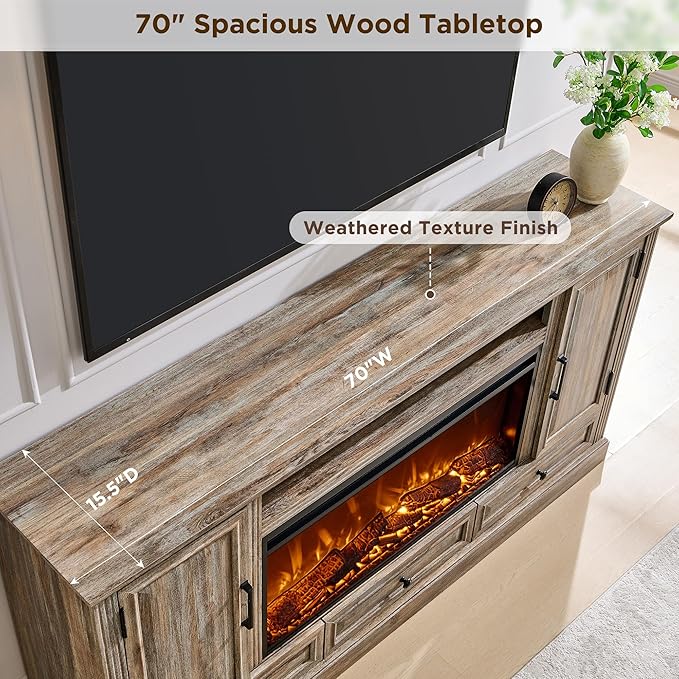 Fireplace TV Stand for 80 Inch TV, 35.7" Tall Farmhouse Entertainment Center W/36'' Electric Fireplace, Media Console with Large Storage Cabinets and Drawers for Living Room, Purple Oak