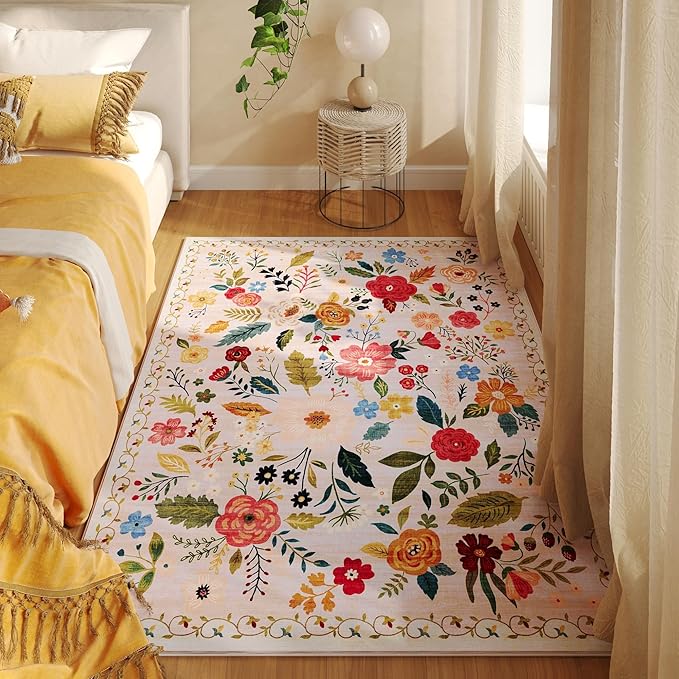 Area Rug 4x6 Rug Washable Boho Rugs Non Slip Low Pile Floral Small Carpet for Bedroom, Bedside, Kids Room, Office, Dining Room(Beige)