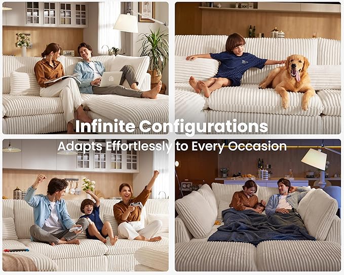 Oversized Modular Sofa, Extra Deep Cloud Corduroy Sectional Couch with Ottoman Chaise, Fluffy Chenille Corner V Shape Sofa for Living Room, Villa (Corner V Shape+Ottoman, Corduroy White)