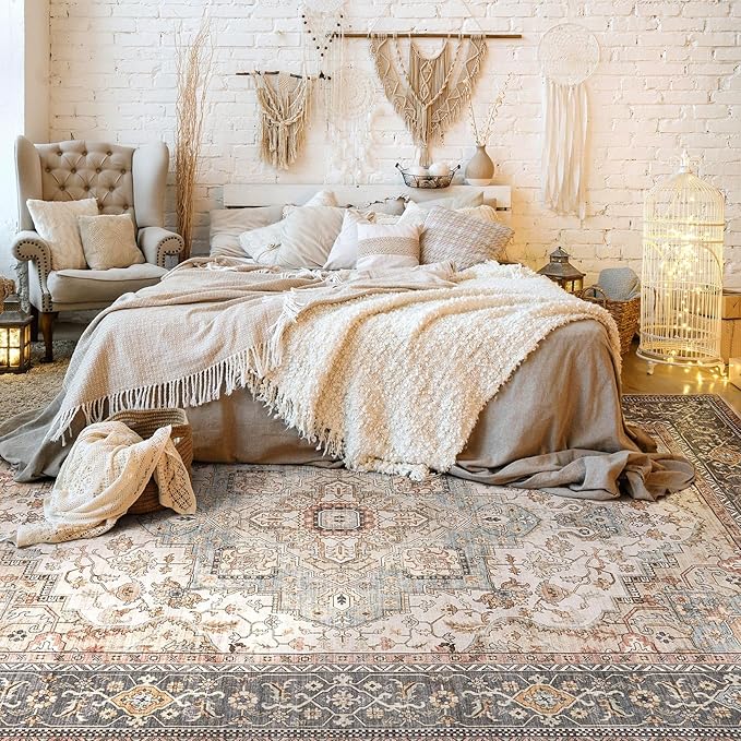 Washable Area Rugs for Living Room - 10x12 Neutral Vintage Distressed Floral Farmhouse Boho Large Soft Floor Rug Indoor Non Slip Carpet for Living Room Bedroom Dining Room Office - Forest Green Orange