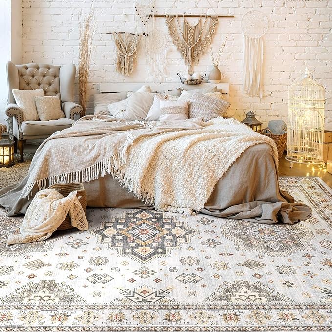 Washable Area Rugs for Living Room -8x10 Neutral Vintage Distressed Floral Farmhouse Boho Large Soft Floor Rug Indoor Non Slip Carpet for Living Room Bedroom Dining Room Office -Blue Brown
