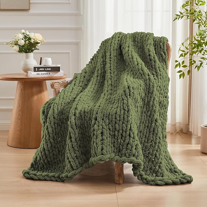 Carriediosa Chunky Knit Throw Blanket 60" X 80" Twin, 100% Hand Made Large Chenille Loop Yarn Soft Fluffy Throws for Couch Sofa Bed, Big Crochet Cozy Heavy Thick Cable Woven Blankets, Olive Green