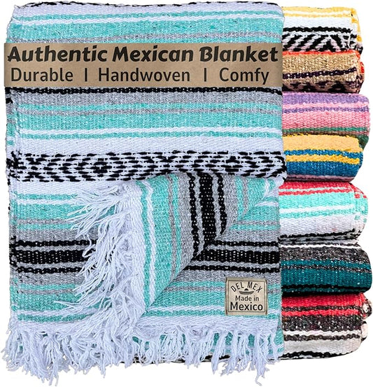 Del Mex Classic Mexican Blanket, Large Authentic Woven Falsa Throw (70"x50"), Artisan Southwest Décor for Beach, Yoga, Outdoors (Mint/Gray)