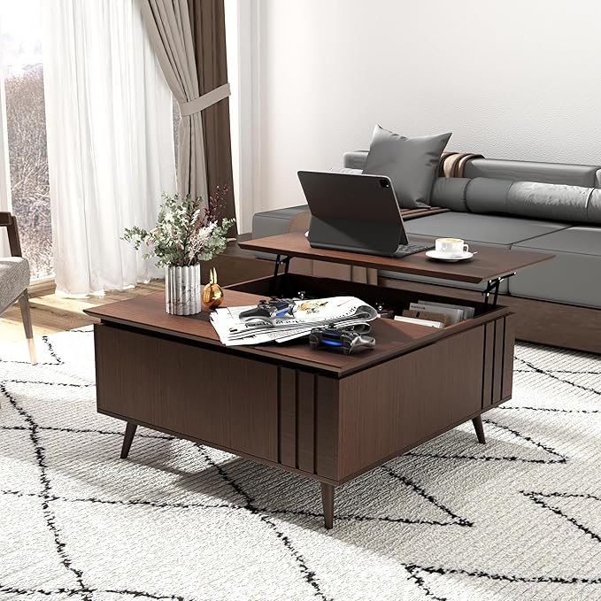 36.2" Lift Top Coffee Table with Storage, Large Square Coffee Tables with Hidden Compartment, Mid Century Modern Center Table for Home Office,Living Room,Dark Walnut