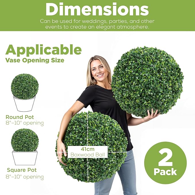 DRAY Premium 16.14" Faux Boxwood Balls – Set of 2 Artificial Topiary Spheres for Outdoor & Indoor Use – Realistic, UV-Resistant, Weatherproof Decorative Greenery – Check Measurements