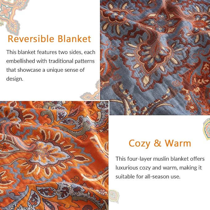 Boho Throw Blanket for Couch Sofa Bed, 100% Cotton Woven Quilt with Tassel 60”x80”, Super Soft Muslin Blanket with Oriental Universe Printed, Decorative Reversible Bed Blanket/Cover for All Seasons