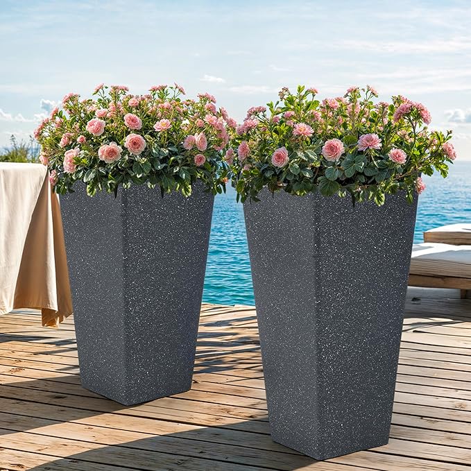 28" Large Tall Planters for Outdoor Plants, Set of 2 V-Shaped Planter Box with Black Terrazzo Look, Durable and Weather Resistant, Ideal or Garden, Patio, Porch or Home use.