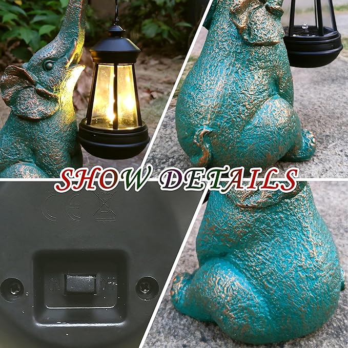 Elephant Garden Statue Outdoor Décor with Solar Lights Lantern,Elephant Solar Light Figurines Outside Decorations for Yard，Lawn Patio, Balcony, Unique Housewarming Gifts