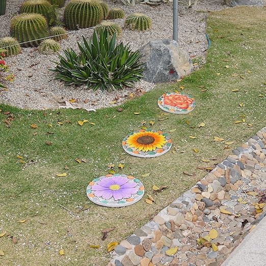 Decorative Sunflower Garden Stepping Stone - Colorful Pebble Border, Garden Stepping Stones Outdoor Yard Decor 10x10x0.75 Inches