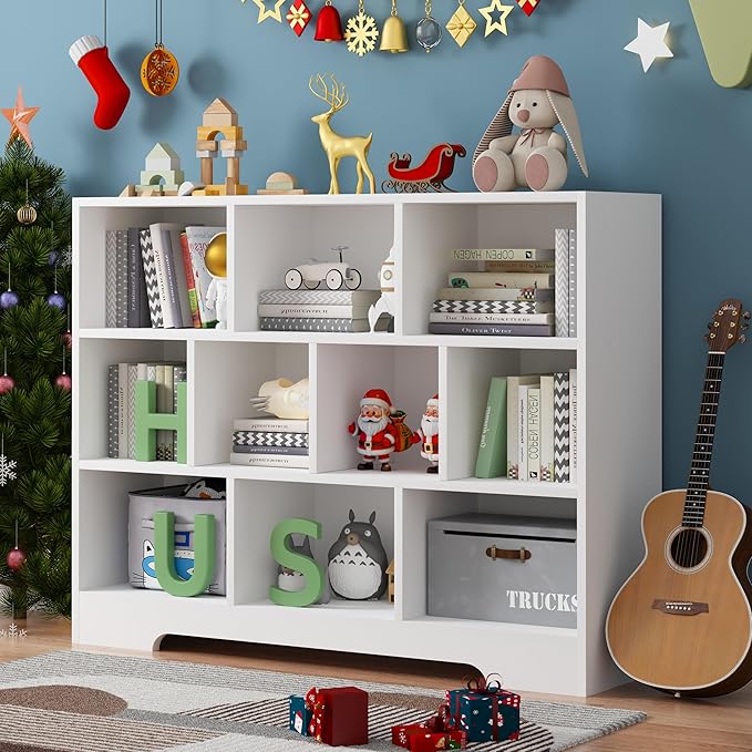 Book Shelf, 10 Cubes Storage Organizer, 3-Tier Open Shelf Wooden Bookcase, Freestanding White Bookshelf Cube Shelf for Bedroom, Living Room