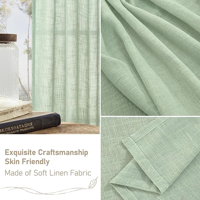 LAMIT Fresh Green Linen Curtains 54 Inch Length 2 Panels, Light Filtering Semi Sheer Panels Bronze Grommet Neutral Drapes for Kitchen/Window/Bedroom, 52 x 54 Inch