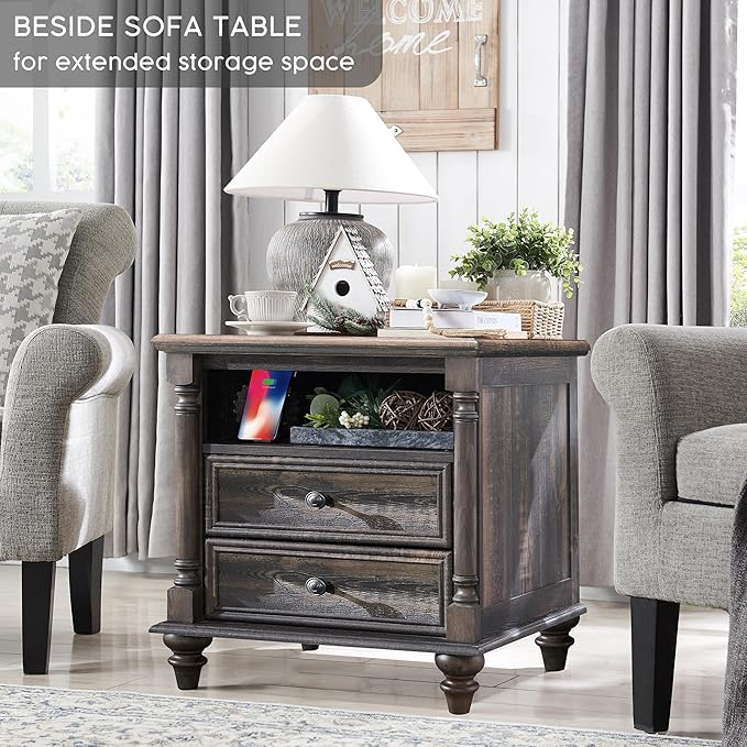 T4TREAM 24'' Farmhouse End Table w/4 Solid Wood Feet, Large 2 Drawers Wide Sofa Side Table with Charging Station, Tall Rustic Wood Square Nightstand for Living Room, Bedroom, Office, Dark Rustic Oak