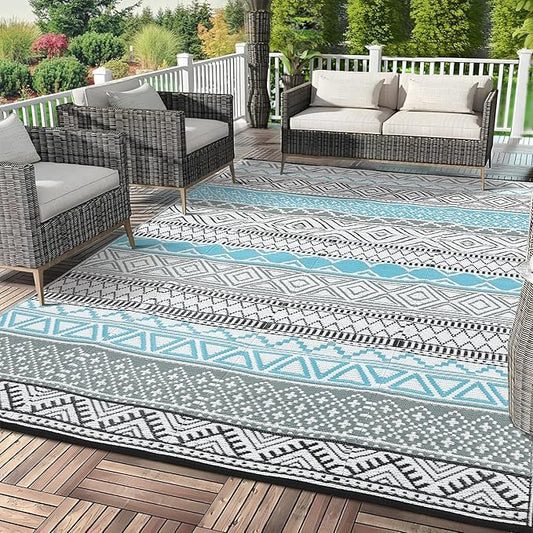 GAOMON Reversible Outdoor Rug 9'x18' Waterproof Plastic Straw Rug, Patio Rug, Large Modern Area Rug Carpet, Indoor Outdoor Rugs for Camping, Porch, Deck, Balcony, Backyard, Blue/Grey(Bohemia)