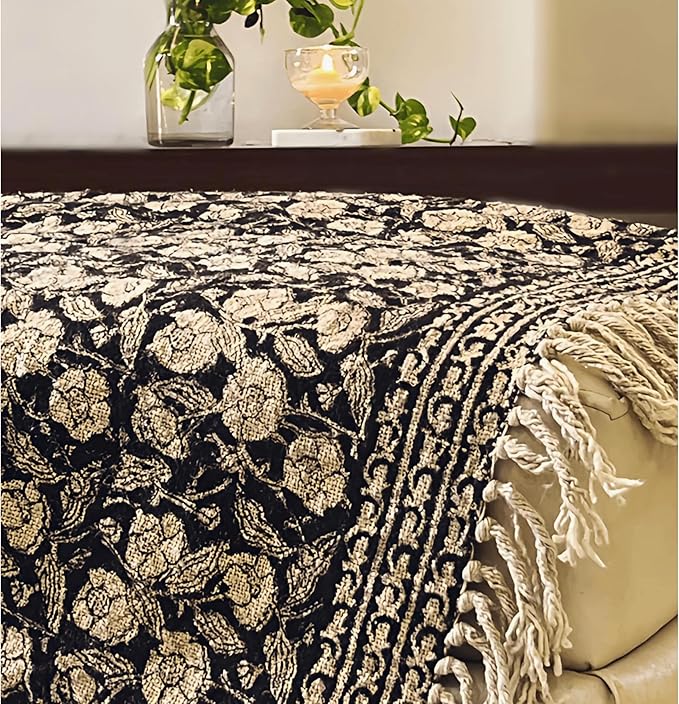 Handmade Cotton Throw Blanket, Floral Block Print, Black and Beige Wrap, 47x71 inches Decorative Woven Throw with Tassels