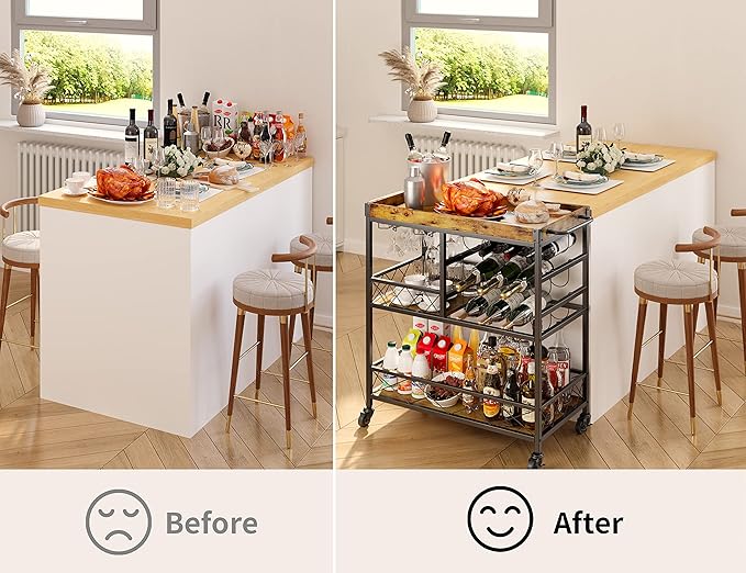 Gizoon Bar Cart, 3 Tier Coffee Cart with Lockable Wheels, 12-Bottle Wine Rack, and Hanging Glass Holder, Kitchen Rack with Removable Tray, for Kitchen, Dining Room, Entertaining, Club Party,Retro