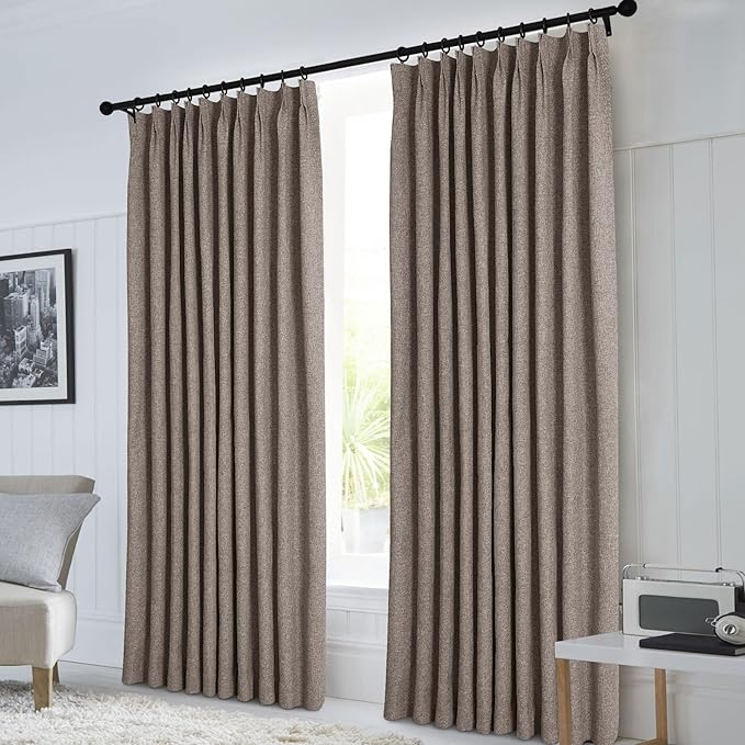 Macochico 100”Wx102”L 100% Blackout Pinch Pleated Linen Curtains for Sliding Door Bedroom Living Room Farmhouse Thermal Insulated Light Coffee Burlap Drapes with Tieback 1 Panel Shabby Chic Style