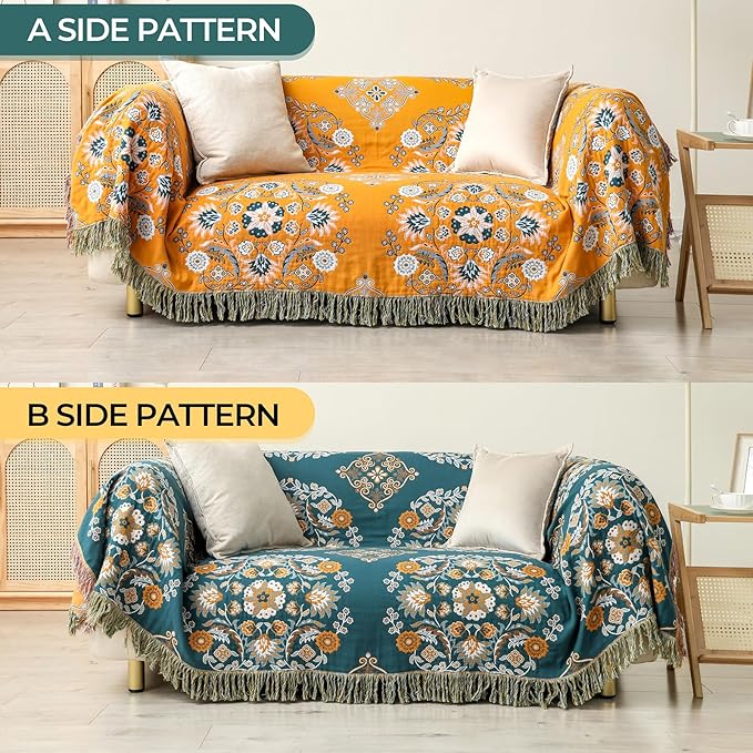 Boho Throw Blanket for Bed,100% Cotton Ultra Soft Lightweight Muslin 4-Layer Breathable Woven Throws 80''x 90'' Blanket Yellow Floral Printed Farmhouse Decor Bed Blankets