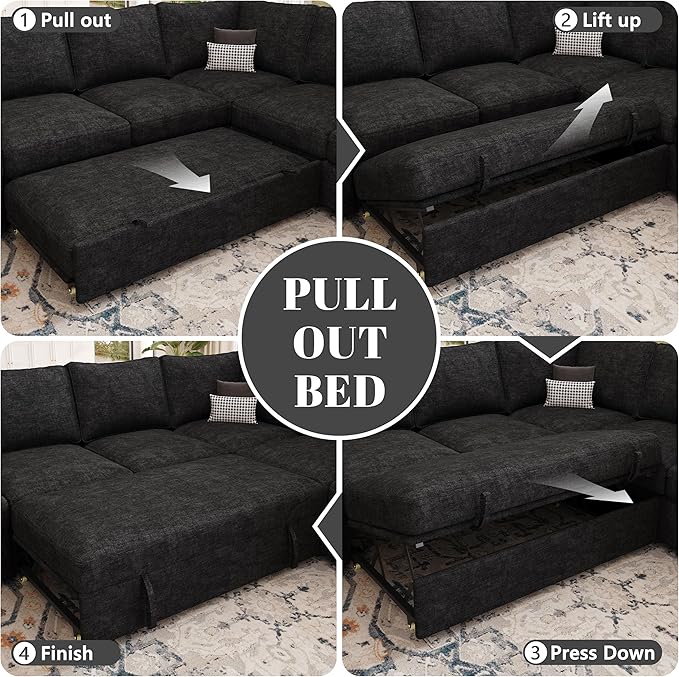 85 Inch Modular Sectional Sofa with Pull Out Bed,L Shaped 5 Seat Sectional Sleeper Sofa with Storage,Sectional Couches for Living Room,Cloud Modular Couch,Removable Sofa Cover,Black