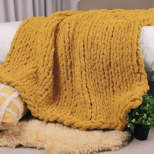 Carriediosa Chunky Knit Throw Blanket 60" X 80" Twin, 100% Hand Made Large Chenille Loop Yarn Soft Fluffy Throws for Couch Sofa Bed, Big Crochet Cozy Heavy Thick Cable Woven Blanket, Yellow