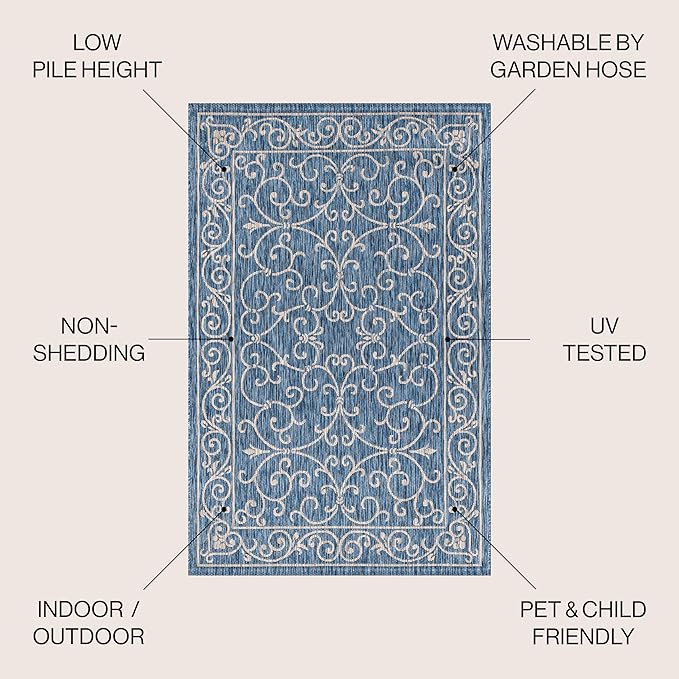 JONATHAN Y Vintage Filigree Indoor Outdoor Round Area Rug 9 Ft Navy/Gray, Charleston Textured Weave for Backyard, Patio, Porch, Easy-Cleaning, High Traffic, Pet-Friendly, Non-Shedding (SMB106D-9R)