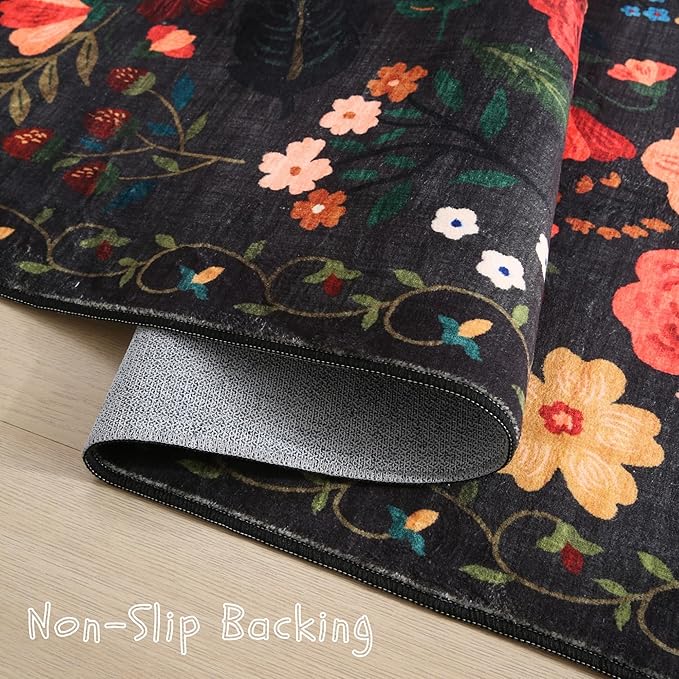 Living Room Rug 6x9 Rug Machine Washable Boho Area Rug Non Slip Floral Vintage Low Pile Large Rug for Living Room, Bedroom, Farmhouse, Dining Room, Kids Playroom(Black)