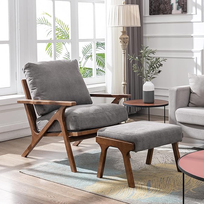 chairus Mid-Century Modern Accent Chair with Ottoman, Linen Fabric Armchair with Wood Legs Comfy Upholstered Single Sofa Chair for Living Room/Bedroom/Lounge, Grey