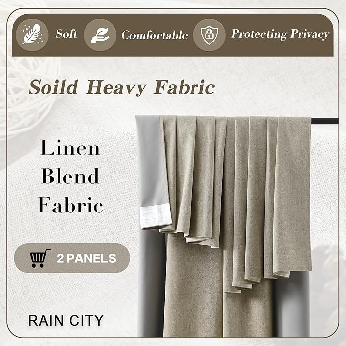 RAIN CITY 102 Inch Long Blackout Curtains for 2 Panels,Energy Efficinet Room Darkening Linen Blend Textured Curtains with Hooks,Track System Black Out Curtains for Living Room Bedroom,2 Panels,Taupe