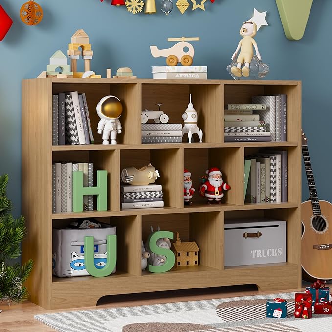 Book Shelf, 10 Cubes Storage Organizer, 3-Tier Open Shelf Wooden Bookcase, Freestanding Wooden Bookshelf Cube Shelf for Bedroom, Living Room