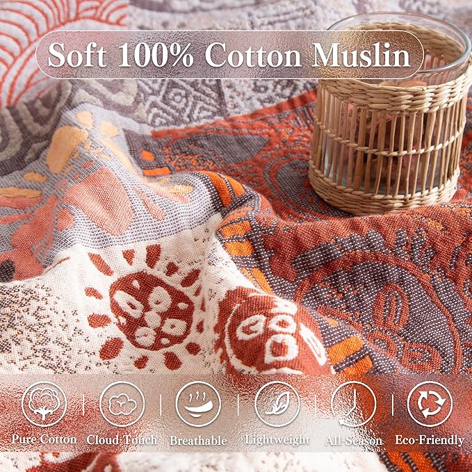 Boho Throw Blanket Full Size, Extra Large Soft Cozy Cotton Muslin Quilt Blanket for Bed Decor, Patchwork Block Couch Sofa Chair Cover, Vintage Farmhouse Cottage Woven Blanket, Red&Orange