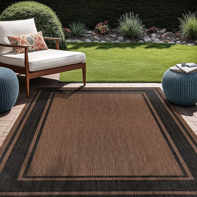 Beverly Rug Outdoor Rug 8x10 Modern Bordered Area Rugs for Indoor and Outdoor Patio Deck Porch Garden Waterproof Weather Sun Resistant Washable Outside Carpet (8 x 10 Gold)