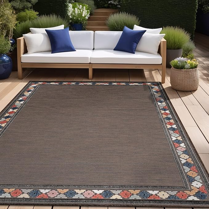 Beverly Rug Outdoor Rug 4x6 Modern Bordered Area Rugs for Indoor and Outdoor Patio Easy to Clean Non Shedding Living Room Porch Garden Washable Outside Carpet (4 x 6 Brown)
