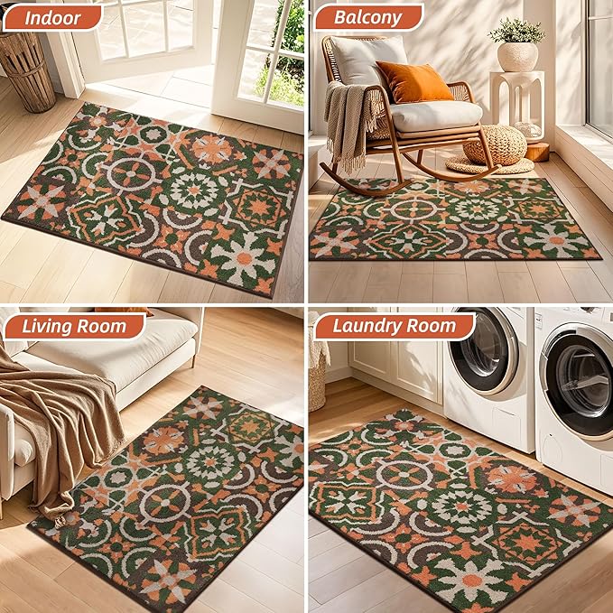 BEQHAUSE Dirt Trapper Door Mat 32" x 48", Non-Slip Entryway Rugs Washable, Floor Mat Stain Resistant and Absorbent Welcome Mat for Front Back Door, Muddy Wet Shoes & Paws, Boho Geometric Floral