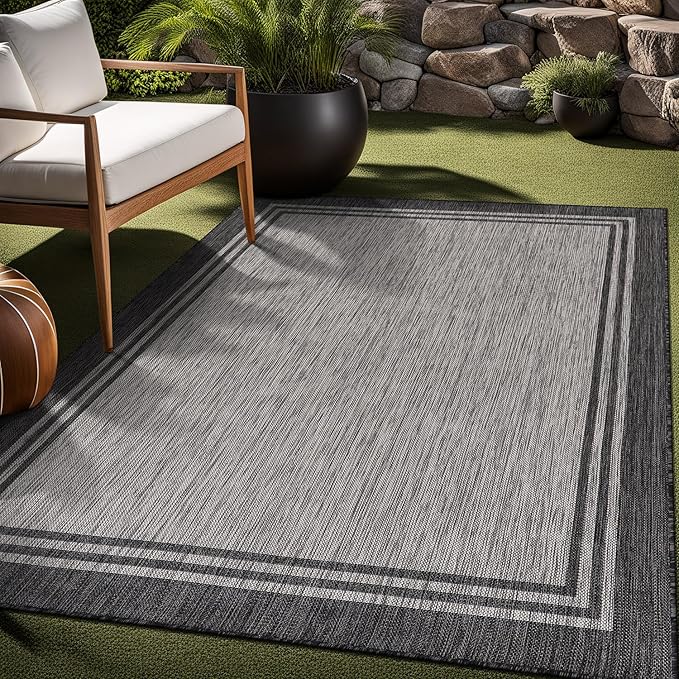 Bordered Outdoor Rug 5x7 Washable Outside Carpet for Indoor Patio Porch Waterproof Easy Cleaning Non Shedding Area Rugs Dark Gray 5 x 7