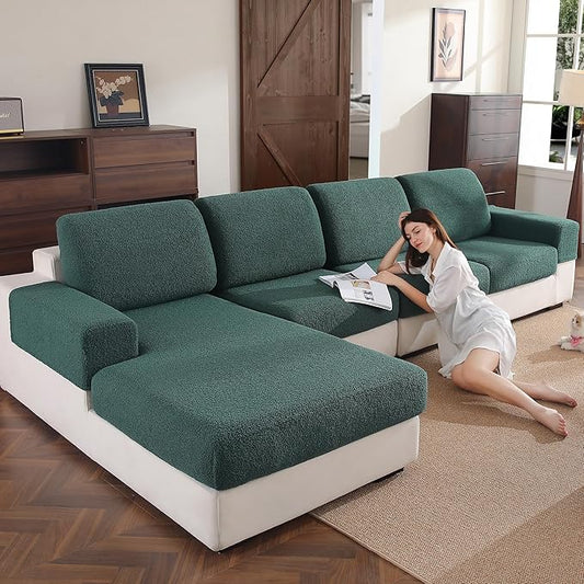 Couch Cushion Covers for Sectional Sofa, Stretch Soft Sofa Slipcovers Washable Wear-Resistant Universal Furniture Protector for Living Room(2 Seaters Covers+1 Chaise Cover, Green)